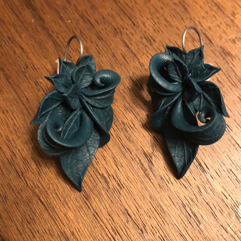 Teal foliage clay earrings